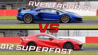 V12 Ferrari 812 Superfast vs V12 Lamborghini Aventador SVJ - On Track Battles! Pure Sound + Flames!