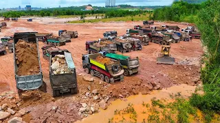 Amazing Huge Land Reclamation Process Dump Truck Management Unloading Rock Dirt BullDozer Push Rock