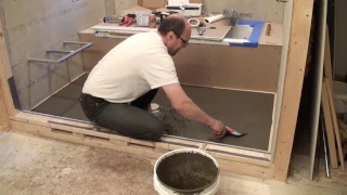 How to Mortar Shower Pan. HardieBacker on plywood floor. Bathroom Remodeling. 16.