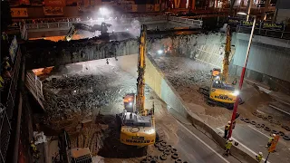Time-lapse of the synchronous demolition of the Schrackbrücke in Vienna