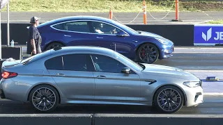 BMW m5 Audi RS7 vs Tesla - drag racing