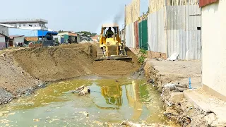 Operator Skills Strong Dozer Spreading Sand Pushing To Water Building Foundation Village Road