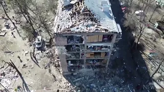 Drone footage shows the aftermath of a Russia missile strike in Ukraine