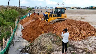 Amazing Starting New Project Landfill By SHANTUI DH17c2 Dozer Pushing Soil & Dump Truck Dumping Soil