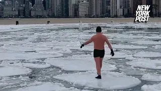 Chicago life coach walks on Lake Michigan ‘ice pancakes’ in swim trunks