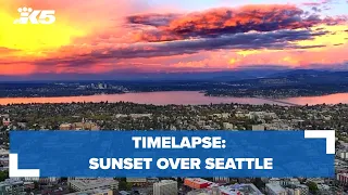 Sunset over Seattle shows hues of pink, orange