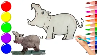 How to Draw a Hippo Easy Как нарисовать бегемота  мультик раскраска бегемотик для детей  учим цвета