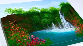 Waterfall Painting | Waterfall Landscape Painting | Acrylic Painting