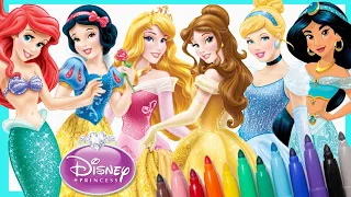 Colouring All Disney Princesses Color Reveal Ariel Cinderella Belle Jadmine Mewarnai Gambar Princes