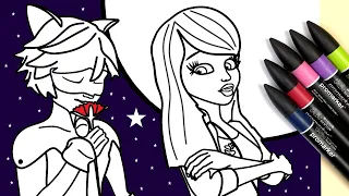 Coloring Miraculous Marinette & Cat Noir on the Moon | Glitter Markers