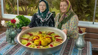 Grandmothers Cooking Stuffed Quince and Cabbage. Traditional Azerbaijani Dolma. Cabbage Rolls.