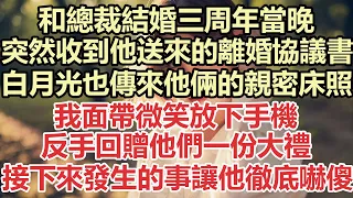 和總裁結婚三周年當晚，突然收到他送來的離婚協議書，白月光也傳來他倆的親密床照，我面帶微笑放下手機，反手回贈他們一份大禮，接下來發生的事讓他徹底嚇傻#九點夜讀#小說#甜寵#爽文#霸總#白月光