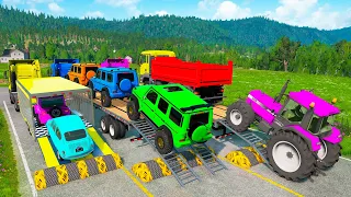 Flatbed Trailer Cars Transportation with Truck - Speedbumps vs Cars vs Train - BeamNG.Drive #20