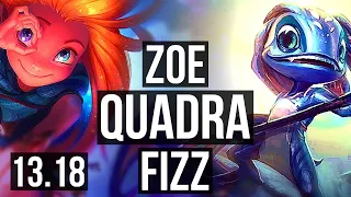 ZOE vs FIZZ (MID) | Quadra, 2000+ games, 6 solo kills, 1.0M mastery, 17/4/7 | KR Grandmaster | 13.18