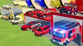 TRANSPORTING CARS, AMBULANCE, POLICE CARS, FIRE TRUCK OF COLORS! WITH TRUCKS! - FARMING SIMULATOR 22