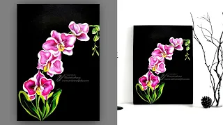 Daily challenge Acrylics | easy floral painting on BLACK paper | How to paint ORCHIDS