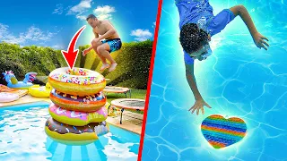 DÉFI PISCINE - CHASSE AUX POP IT SOUS L'EAU et SAUT DANS 4 BOUÉES EMPILÉES !