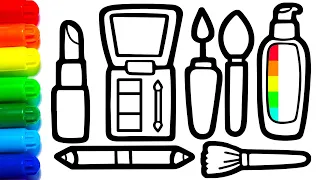 Makeup tools drawing and coloring page for kids - Cara Menggambar dan Mewarnai rainbow makeup tools