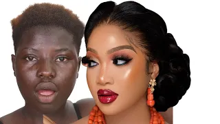 100M VIEWS ⬆️BOMB😱  VIRAL😱 MUST WATCH🍫 MELANIN DARK SKIN BRIDAL MAKEUP AND BRIDALHAIR TRANSFORMATION