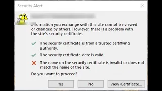 Outlook 2019 The Name on the security certificate is invalid or does not match