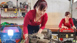 The genius girl repairs and renews the generator.