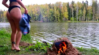 Building a fireplace out of clay|Bushcraft|Swimming in the lake|ASMR nature sounds