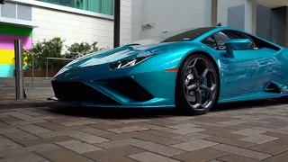 2022 Lamborghini Huracan EVO driving in downtown Houston