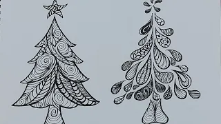 CHRISTMAS|| TREE|| FREE HAND DRAWING Vs DOODLE PATTERN|| ZENTANGLE ART|| SIMPLE|| EASY|| DRAWING