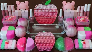 Mixing”Pink Apple ”  Makeup,parts,glitter Into Slime!Satisfying Slime Video!★ASMR★