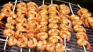 Making Shrimp Skewers / Kabobs / Kebabs on a Charcoal Grill with Old Bay Seasoning