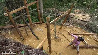Start to Finish: Girl alone building wooden house in the forest - Building farm