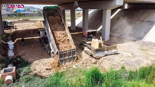 WOW!Great team work! Land filling up processing Dump truck with strronger Dozer Push soil clear land