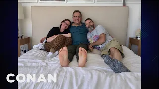 Megan Mullally & Nick Offerman Record Their Podcast In Bed | CONAN on TBS
