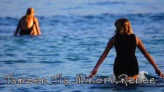 Tia and Tamzen, with Minori and Renee - Longboarding the Coffs Coast.