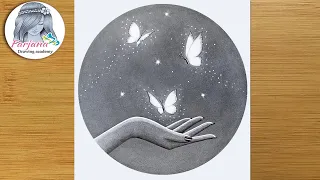 How to draw magical butterflies in hand - Pencil sketch for beginners || Night scenery drawing