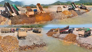 DumpTruck TRAGO SCANIA 25TON Unloading Stone Filling The Sea With Bulldozer KOMATSU D68E Push Stone