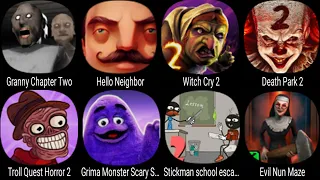 Granny Chapter Two, Hello Neighbor, Witch Cry 2, Troll Quest Horror 2, Stickman School Escape 2