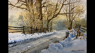 How to paint watercolor snowy scene