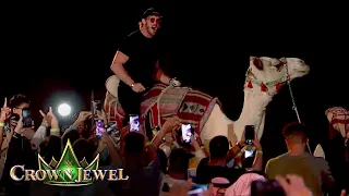 Logan Paul rides a camel into the WWE Crown Jewel press conference