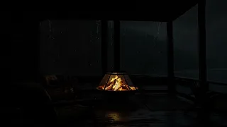 Blacony Ambience with Rainstorm & Fireplace Harmony - Rainy Night for Relaxation and Concentration