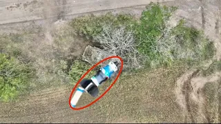 A Ukraine drone-dropped bomb penetrates Russian BMP-2 top armor to incapacitate it