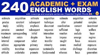 Learn 240 Academic + Exam English Words with Meanings + Example Sentences | Essential English Words