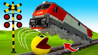 【踏切アニメ】あぶない電車 vs PACMAN Fumikiri 3D Railroad Crossing Animation