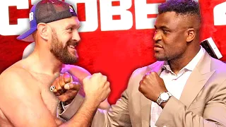 Tyson Fury STEPS TO Francis Ngannou! SIZES HIM UP in first face off! • Fury vs Ngannou face off