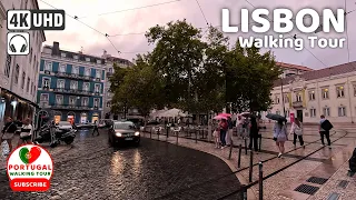 🇵🇹 [4K WALK] Friday Evening LISBON Portugal Walking Tour in the RAIN