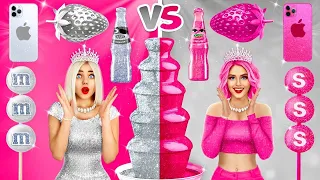 SILVER VS PINK CHALLENGE | 24 Hours Eating Food in PINK and SILVER Color by RATATA BOOM