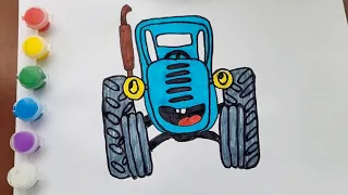Collection. How to draw a blue tractor. Cartoon coloring book blue tractor.
