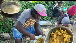 curry chicken with cornmeal dumpling an banana breakfast setting