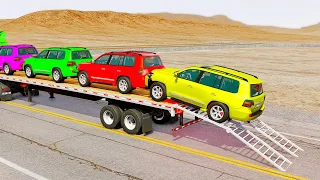 Flatbed Trailer Toyota LC Cars Transportation with Truck - Pothole vs Car #002 - BeamNG.Drive