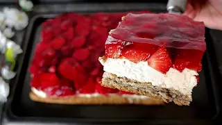 Strawberries on a nut sponge cake with custard cream, smells of summer